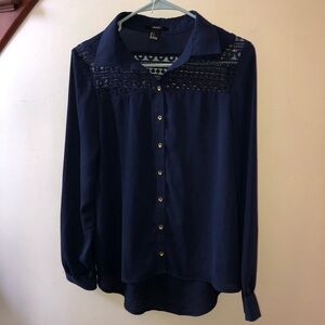 Forever 21 Lace Trim Blouse Button Front Long Sleeve Lightweight Navy Size L